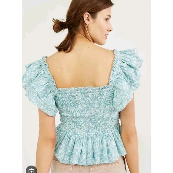 Love The Label Top Womens Small Puff Sleeve Ruffles Smocked Blue Peplum Feminine - Picture 6 of 11